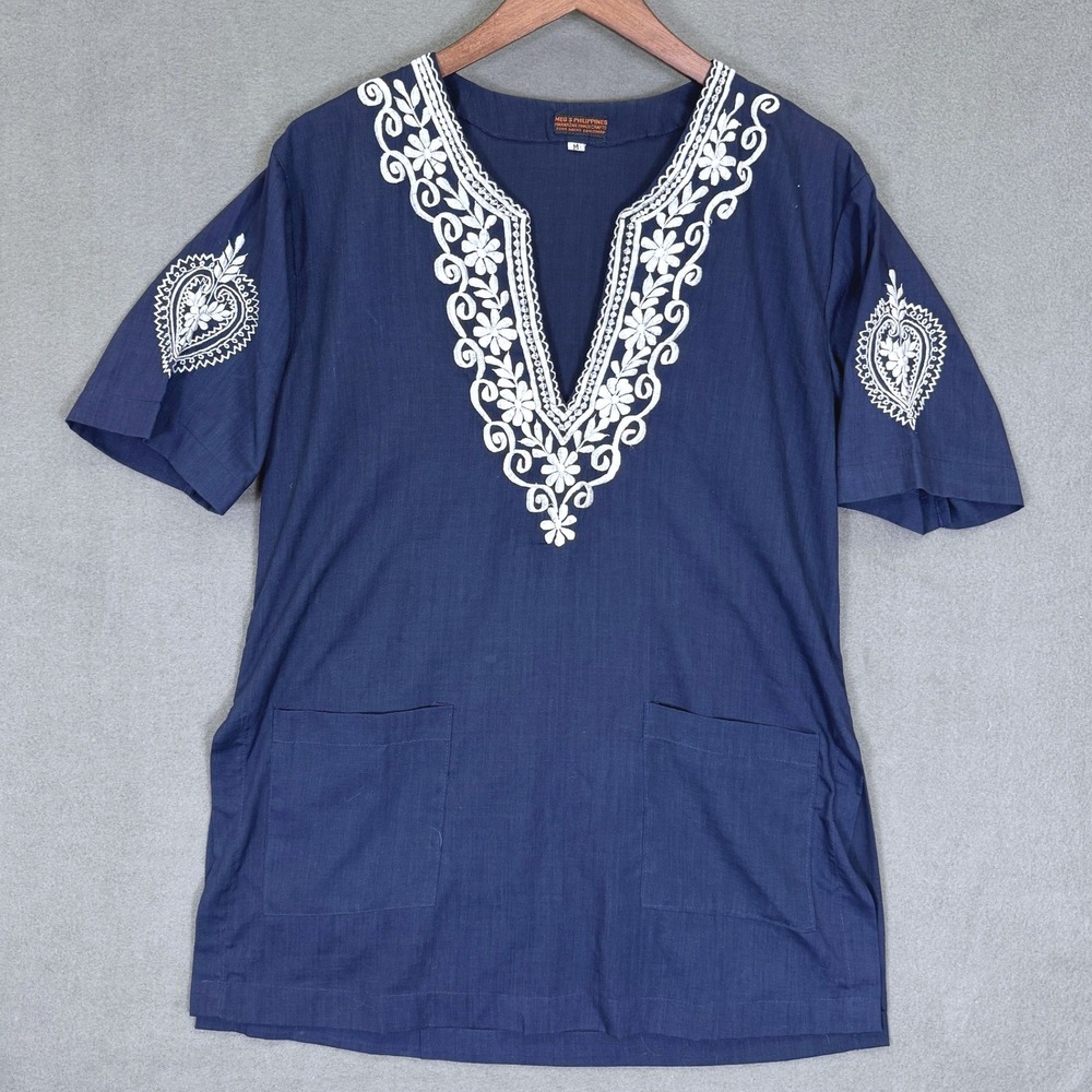 Vintage Meg's Philippines Tunic Women M Navy Embroidered Shirt Pockets